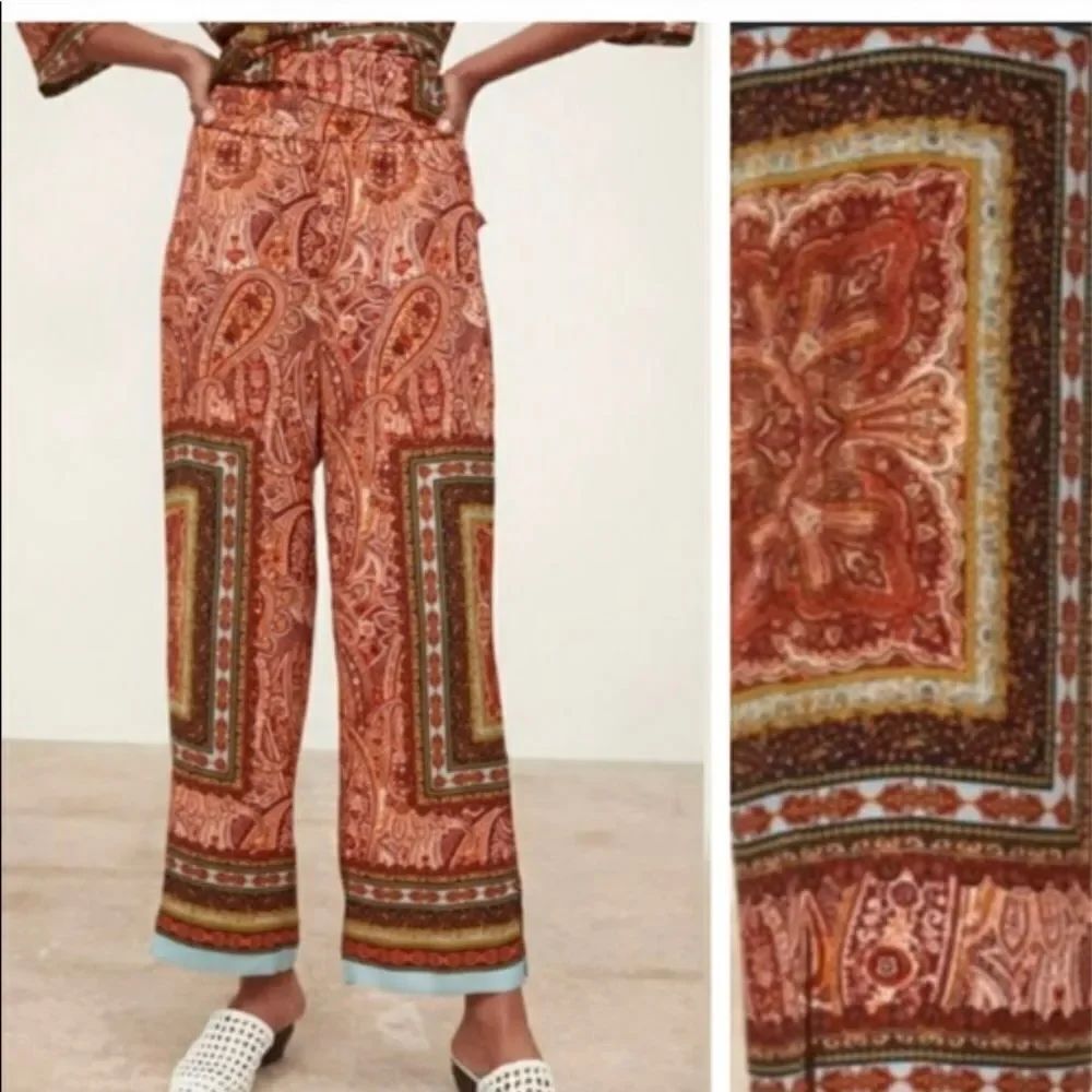 ZARA loose-fitting high waist ethnic print rust wide leg pants L